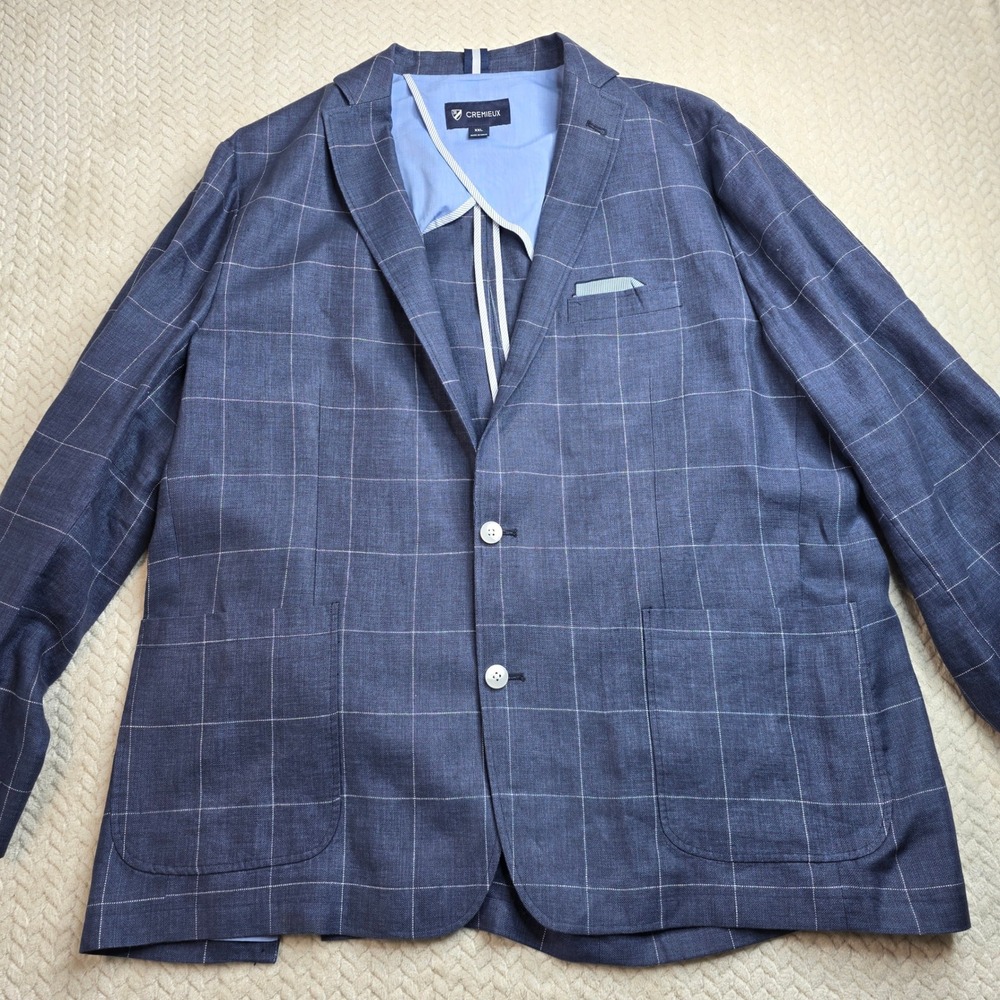 Cremieux Mens XXL Blue Windowpane 100% Linen Blazer Elbow Patches Sport Coat - Picture 3 of 13